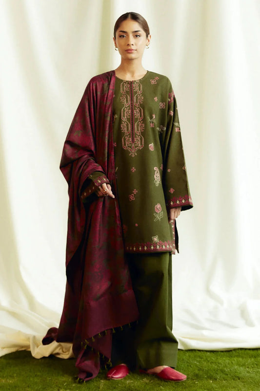 ZARA SHAHJAHAN- 3PC DHANAK EMBROIDERED SHIRT WITH WOOL PRINT SHAWL AND TROUSER-TBF-17560