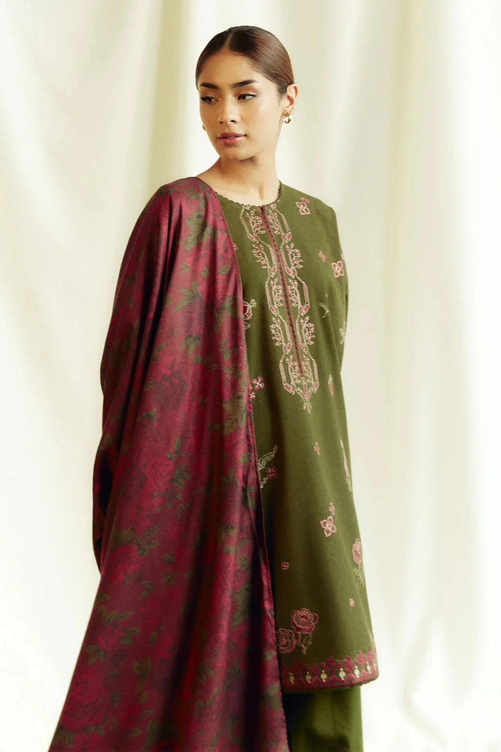 ZARA SHAHJAHAN- 3PC DHANAK EMBROIDERED SHIRT WITH WOOL PRINT SHAWL AND TROUSER-TBF-17560