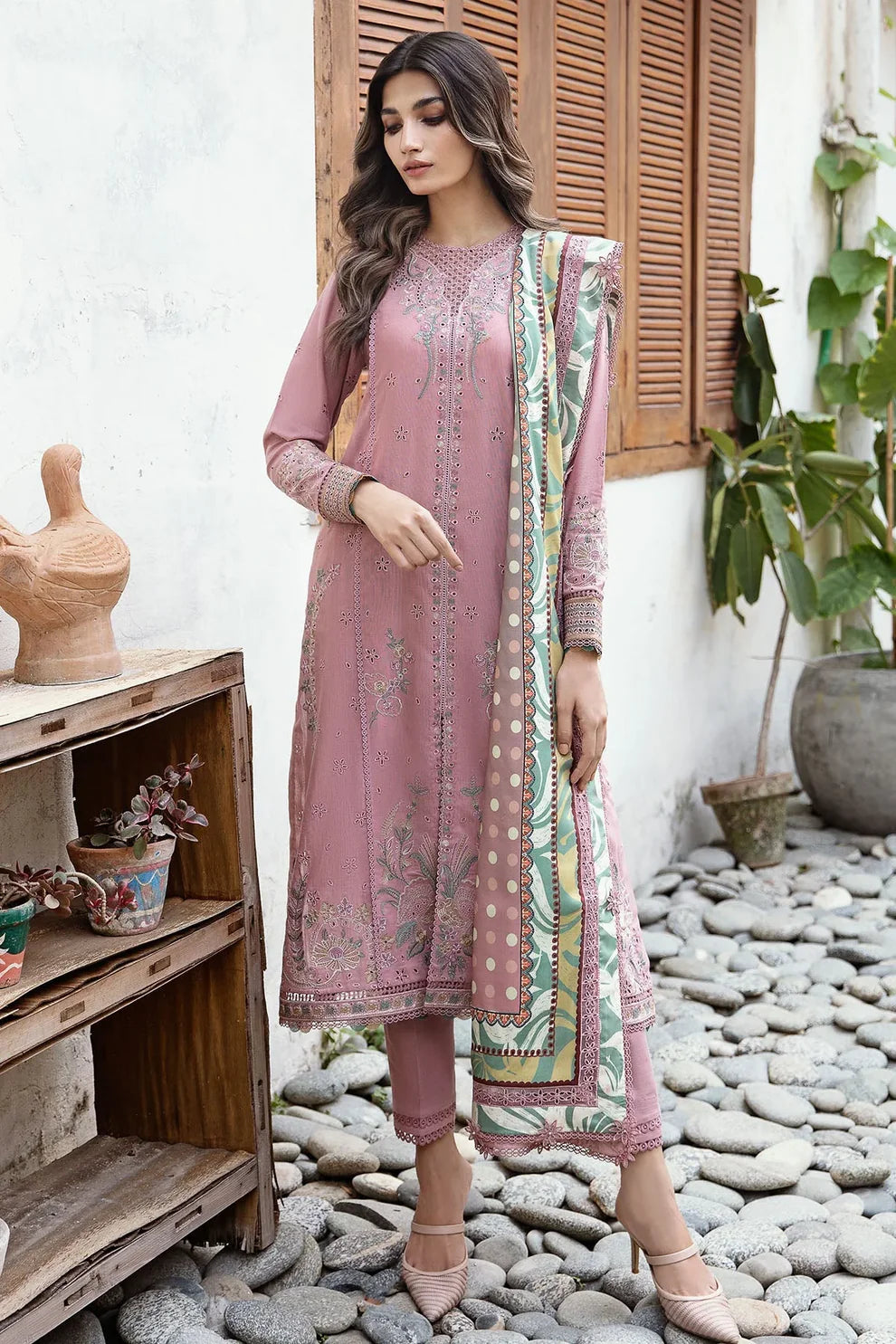 JAZMIN - 3PC LAWN EMBROIDERED SHIRT WITH DIAMOND PRINTED DUPATTA AND TROUSER- TANA-5237