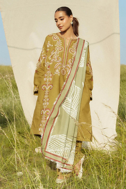 ZARA SHAHJAHAN- 3PC DHANAK EMBROIDERED SHIRT WITH WOOL PRINT SHAWL AND TROUSER-TANA-1751